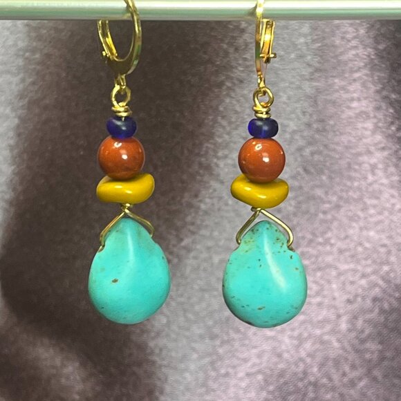 Bold Colorful Bohemian Drop Earrings Turquoise Howlite Teardrop - Picture 2 of 4
